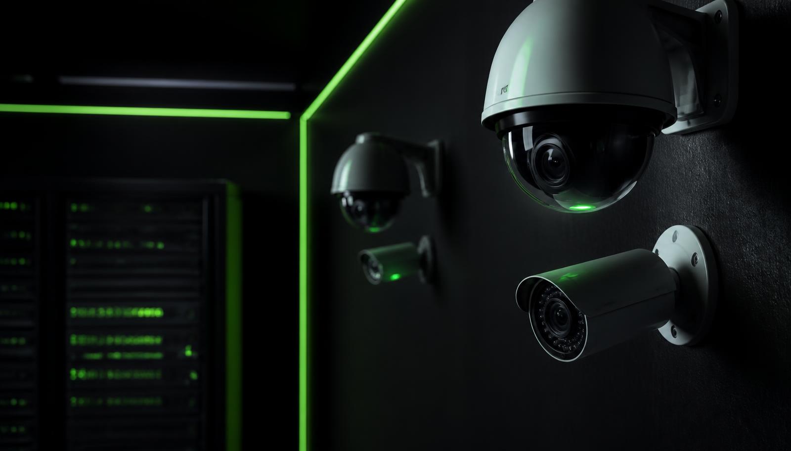 Cámaras de seguridad IP instaladas sobre pared oscura con iluminación verde